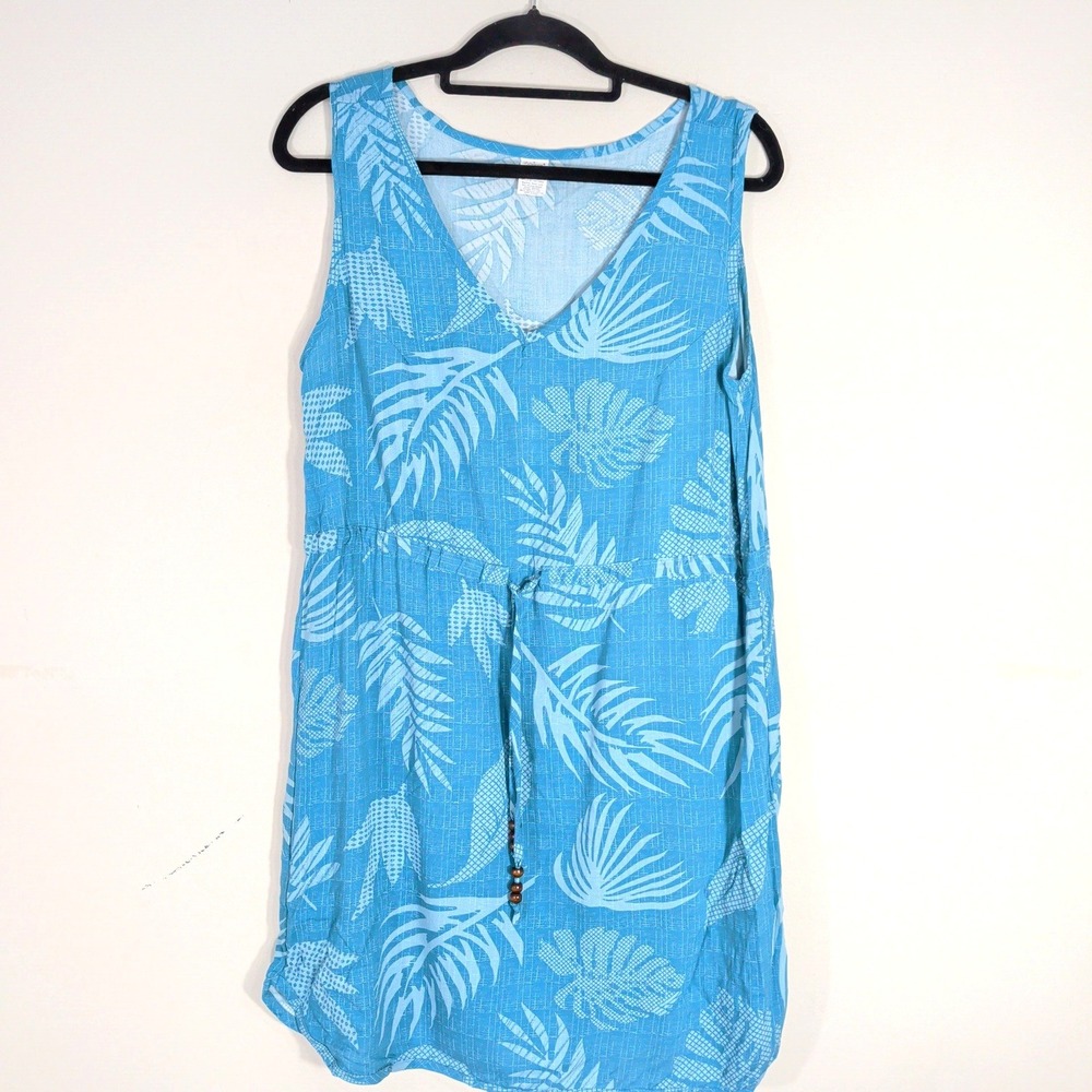 Palmwave Blue Rayon Dress; Sleeveless Tropical Floral Print V-Neck R91-D552